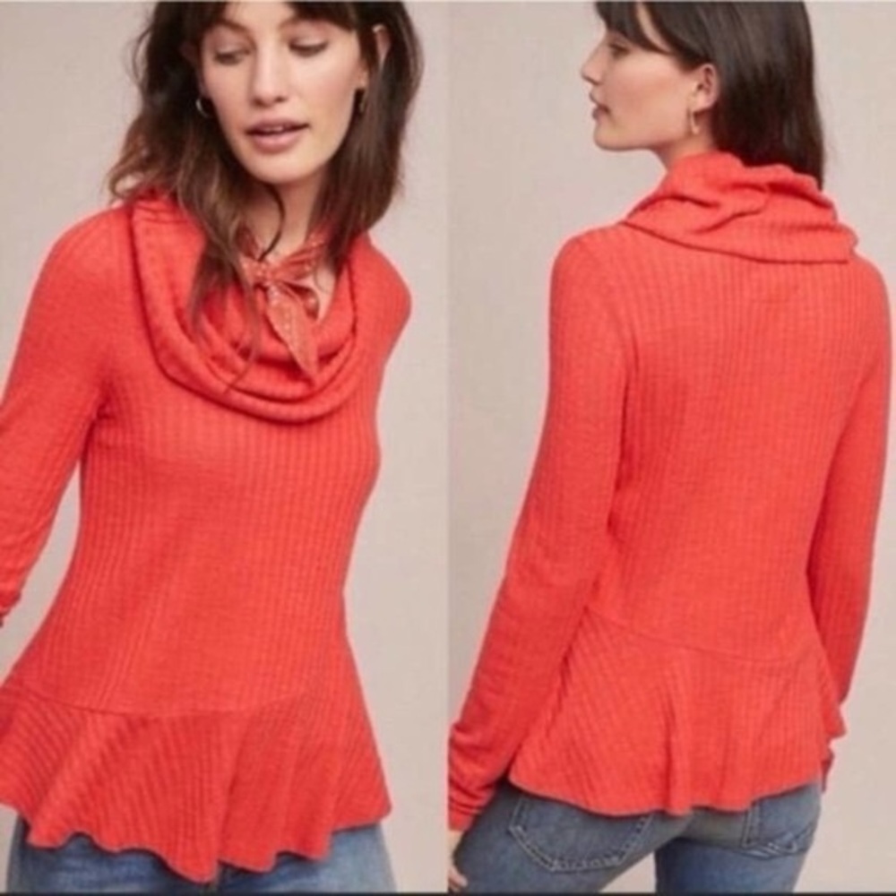 Anthropologie Maeve Orange Peplum Addie Ruffled Hacci Pullover Top Size M